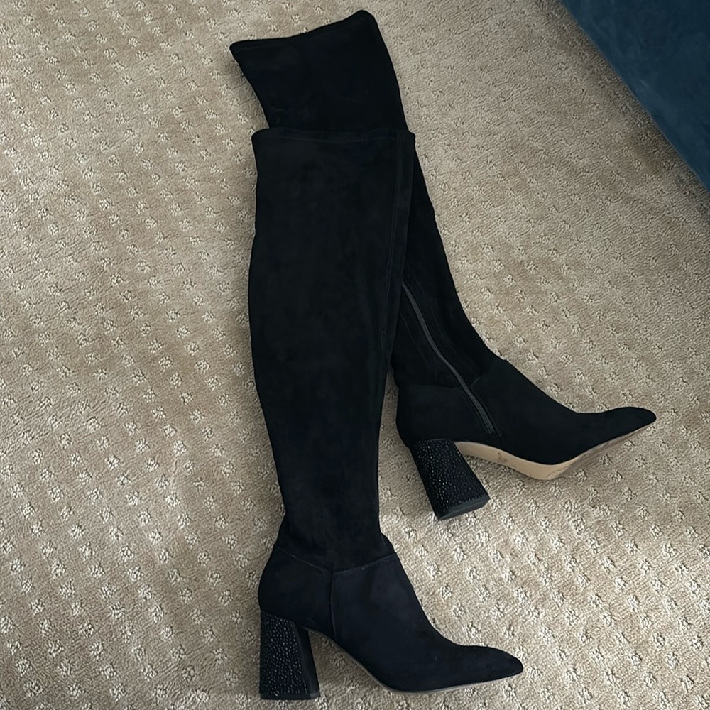 Suede look thigh high boots w/jeweled heel 8